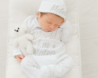 Personalized Gender Neutral Coming Home Outfit, Pregnancy Announcement, Baby, Newborn Boy Coming Home Outfit, Hello World Baby Romper