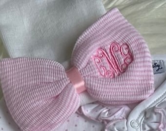 Custom Newborn Hospital hats with a bow, infant baby hats, Baby Girl Hospital Hats with a monogram, Caps with a big bow.