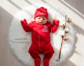 Personalized red for your baby's first Christmas: Pima cotton footie and hat | soft and gentle | Embroidered Name/ Monogram