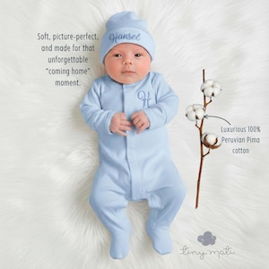 Personalized Pima Cotton Newborn Boy Outfit: Baby Take Home Layette | Peruvian Cotton, Embroidered Name/Monogram | Baby shower gift
