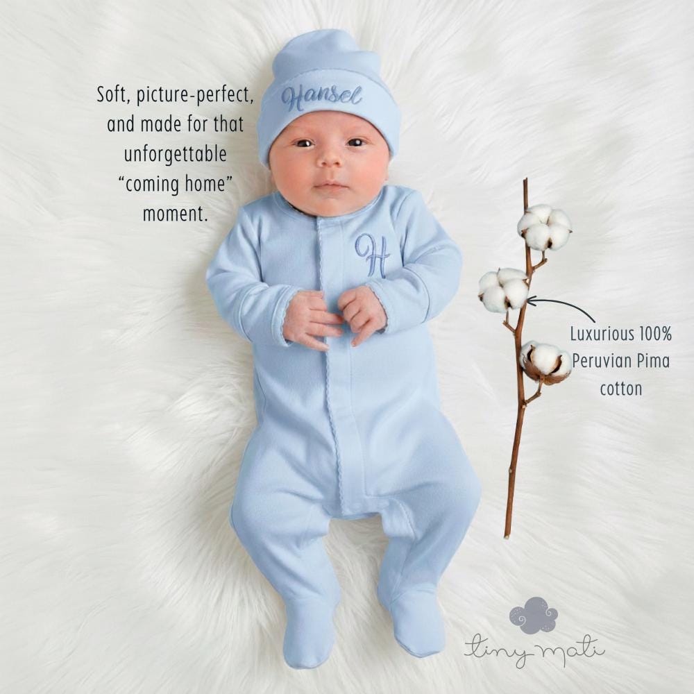 Personalized Pima Cotton Newborn Boy Outfit: Baby Take Home Layette | Peruvian Cotton, Embroidered Name/Monogram | Baby shower gift