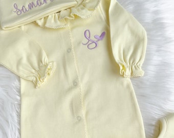 Tenue jaune personnalisée pour le retour à la maison pour bébé fille, vêtements personnalisés pour bébé fille, cadeau de baby shower, ensemble d'hôpital pour nouveau-né.