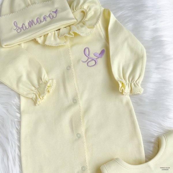 Personalized Yellow Baby Girl Coming Home Outfit, Personalized Baby Girl Clothes, Baby Shower Gift, Newborn Hospital Set.