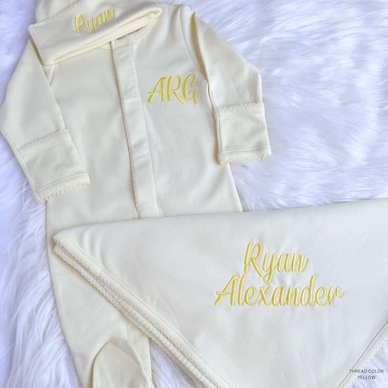 Personalized Yellow Coming Home Outfit, Personalized Baby Gift, Neutral Gender Baby Clothes, Baby shower Gift, Newborn Hospital Set image 5