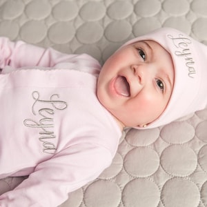 Personalized Baby Girl Pink Coming Home Hospital Clothes, Newborn Baby Girl Outfit, Custom Monogrammed with Personalized Name.