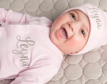 Baby Girl Pink Coming Home Hospital Clothes, Newborn Baby Girl Outfit, Custom Monogrammed with Personalized Name, Newborn Clothes with name.