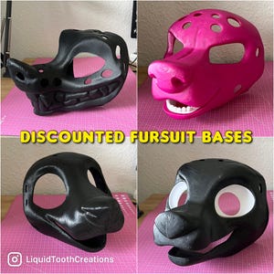 Könnte beinhalten: Vier Fursuit-Basen in Schwarz und Pink werden auf einer rosa Oberfläche gezeigt. Die Basen haben verschiedene Tierformen, darunter ein Drache, ein Schwein und ein Hund. Der Text "DISCOUNTED FURSUIT BASES" ist in gelben Buchstaben.