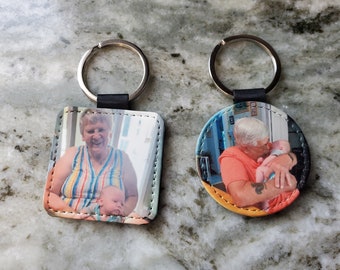 Custom photo keychain  w/VARIETY OF COLORS,  Faux leather, choice of color and shape