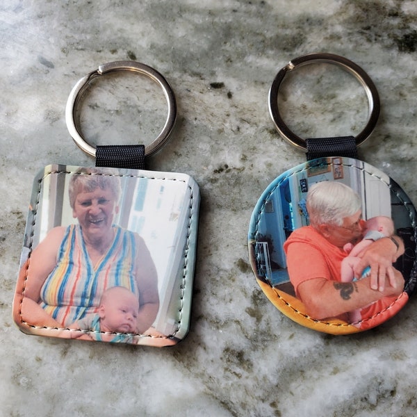 Photo keychain  Faux (vegan) leather, choice of color and shape, plain or glitter!  Discount pricing for bulk orders.