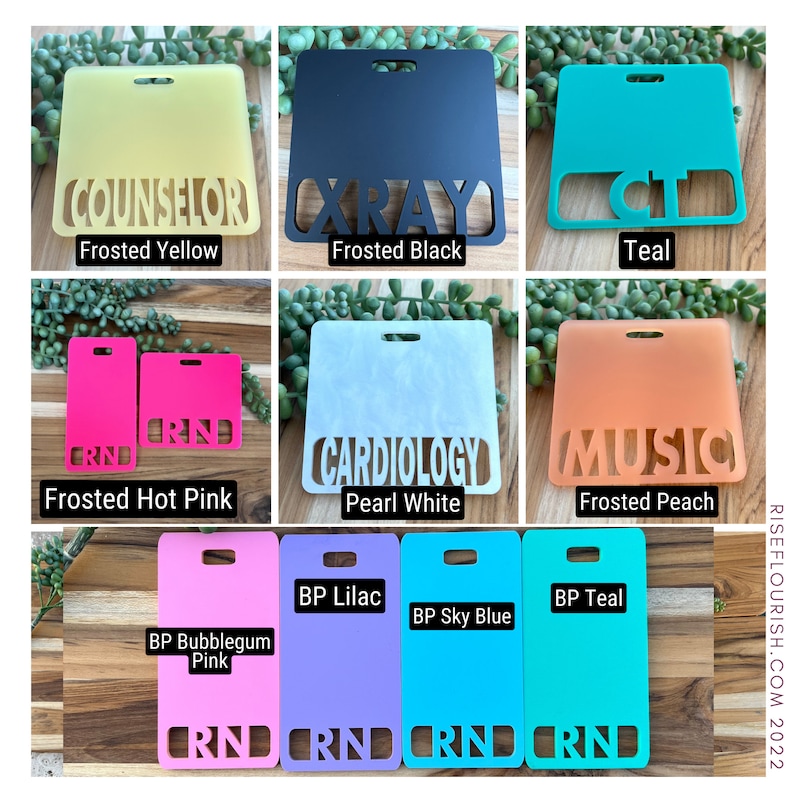 May include: Nine different color options for a blank name tag with the word "CRND" cut out. The colors are frosted yellow, frosted black, teal, frosted hot pink, pearl white, frosted peach, bubblegum pink, lilac, and sky blue.