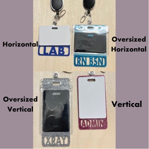 May include: Four different types of badge holders with lanyards. The badge holders are clear plastic with a white card insert. The lanyards are black with a retractable reel. The badge holders are decorated with glitter and have different words cut out of the glitter, including "LAB", "RN BSN", "XRAY", and "ADMIN".