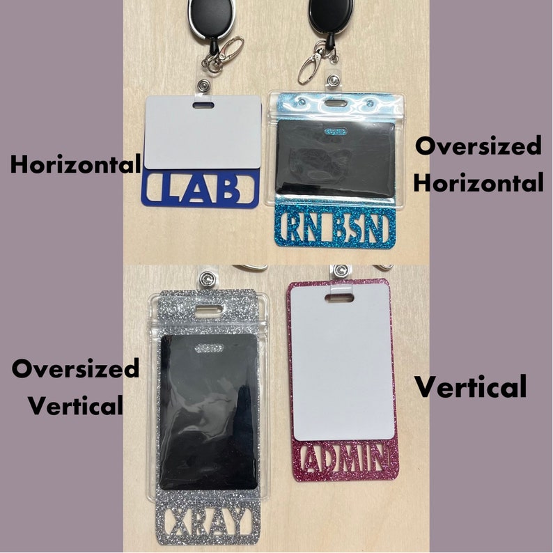 May include: Four different types of badge holders with lanyards. The badge holders are clear plastic with a white card insert. The lanyards are black with a retractable reel. The badge holders are decorated with glitter and have different words cut out of the glitter, including "LAB", "RN BSN", "XRAY", and "ADMIN".