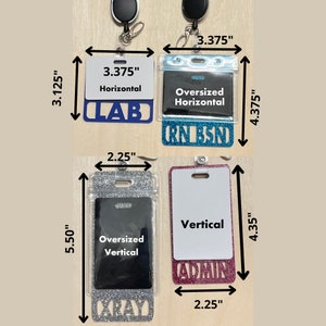 May include: Four different badge holders with glitter and text. The top left badge holder is blue with the text "LAB" and "Horizontal". The top right badge holder is turquoise with the text "CNSD" and "Oversized Horizontal". The bottom left badge holder is silver with the text "CXRAY" and "Oversized Vertical". The bottom right badge holder is pink with the text "ADMIN" and "Vertical".