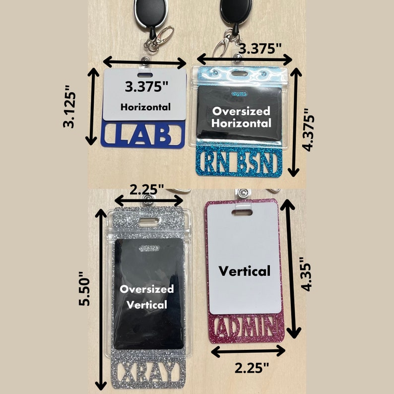 May include: Four different badge holders with glitter and text. The top left badge holder is blue with the text "LAB" and "Horizontal". The top right badge holder is turquoise with the text "CNSD" and "Oversized Horizontal". The bottom left badge holder is silver with the text "CXRAY" and "Oversized Vertical". The bottom right badge holder is pink with the text "ADMIN" and "Vertical".
