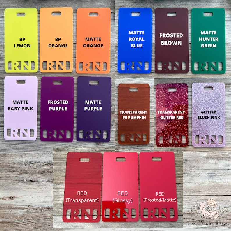 May include: A collection of 12 acrylic sheets in various colors and finishes, including matte, frosted, transparent, and glitter. The sheets are labeled with their color and finish, such as "Matte Orange", "Frosted Purple", and "Glitter Blush Pink".
