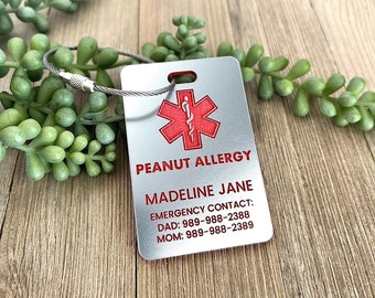 Personalized Medical Tag, Allergy Tag, Medical Alert Bag Tag, Medical ID Tag, Emergency Contact, Medical Alert Keychain, Food Allergy Alert