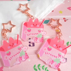 Sleutelhanger aardbei-melkdoos | Zoetroze acrylsleutelhanger | Kawaii schattige sleutelhanger konijn | Leuke illustratiekunst voor drankjes en stersluiting