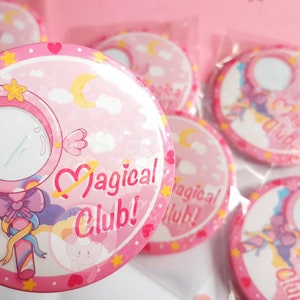 Kawaii Pink Magical Girl Round Button Badge | Starry Glitter Tin Pin | Sweet Sparkly Heart Pin | Anime Wand