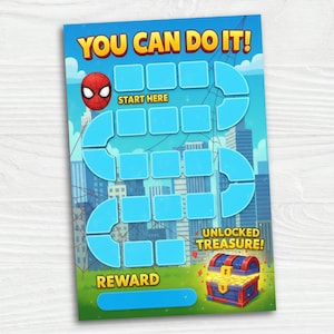 May include: A colorful reward chart featuring a cityscape background and a path of blue squares. The chart includes the text "YOU CAN DO IT!", "START HERE", "REWARD", and "UNLOCKED TREASURE!" with a Spider-Man graphic and a treasure chest.
