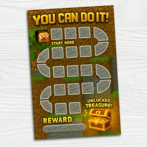 Puede incluir: Un colorido cuadro de recompensas con el texto "YOU CAN DO IT!". Presenta un personaje pixelado, un camino de bloques grises y un cofre del tesoro con las etiquetas "UNLOCKED TREASURE!" y "REWARD".