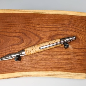 Ballpoint pen - Karelian curly birch - rhodium design - with stand made of laburnum wood