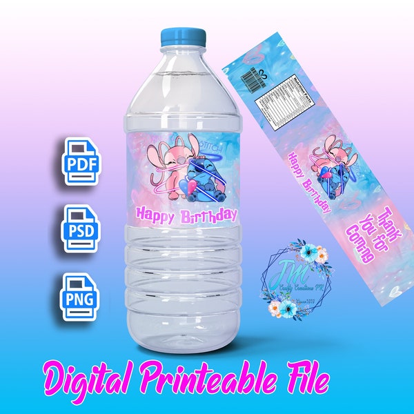 Plantilla imprimible de etiqueta de botella de agua de Lilo y Stitch con fuente incluida