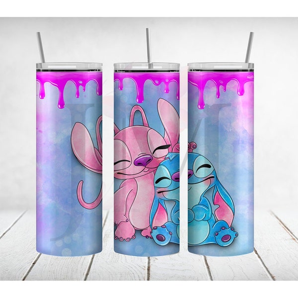 Stitch wrap , 20oz skinny tumbler wrap , Stitch and Angel wrap , Sublimation Design , Cartoon Tumbler PNG , water color