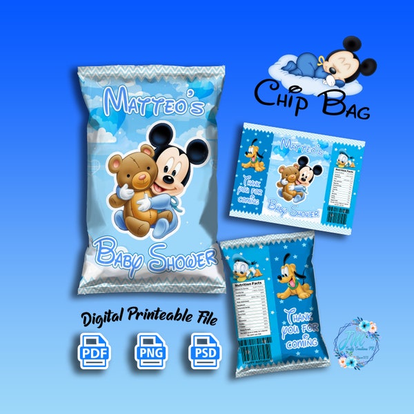 baby mickey mouse baby shower Chip Bag printable Template with font include
