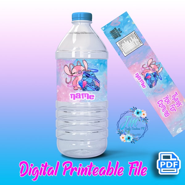 Stitch and Angel Water bottle label PDF Digital File is Not Instant Download