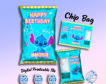 Lilo and stitch , stitch Chip Bag printable Template with font include (no Happy birthday option include)