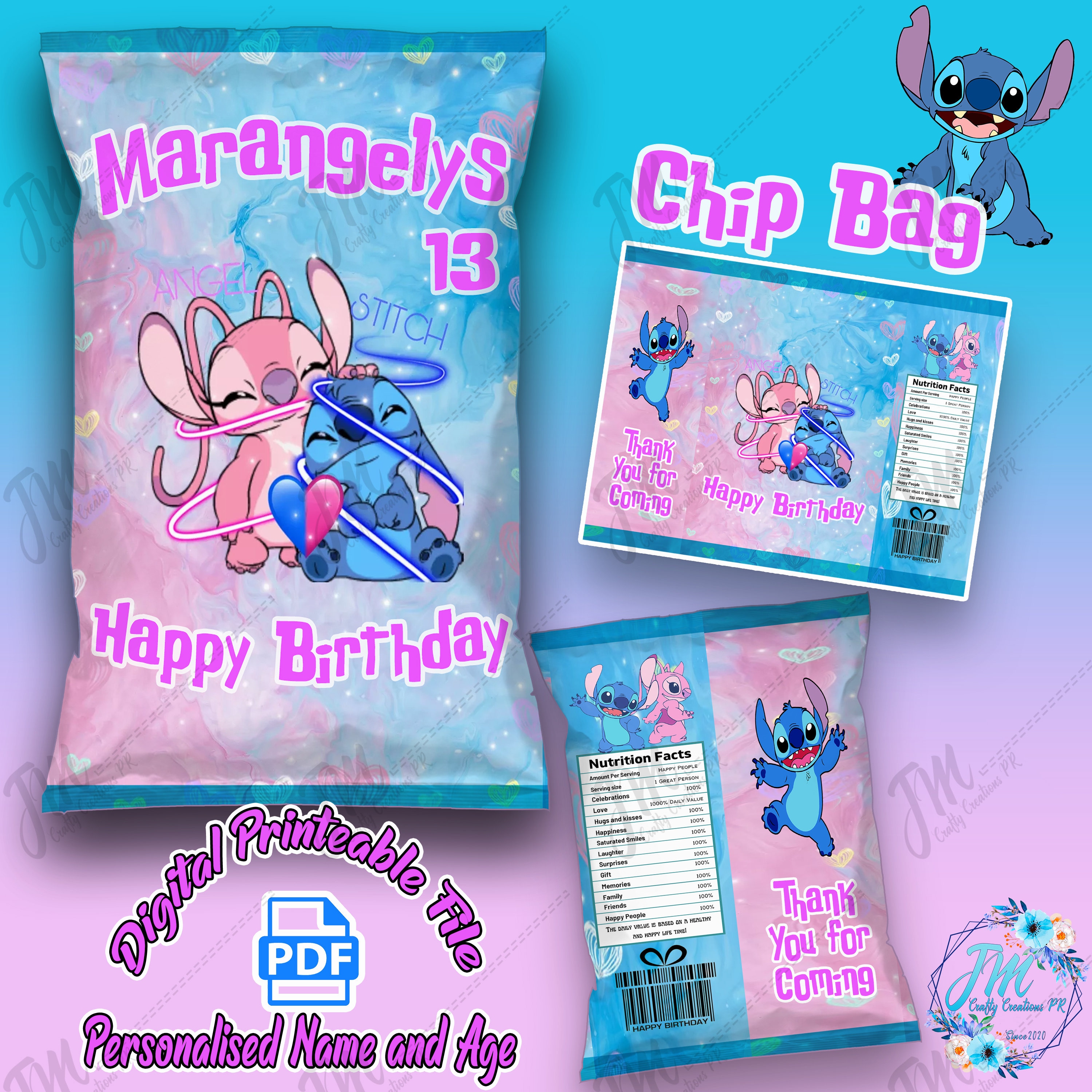 Stitch and Angel Chip Bag with Name and Age PDF Digital File Etsy