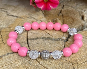 Bubblegum Pink Jade Bracelet | Crystal Crackle Quartz, Gemstone Jewelry