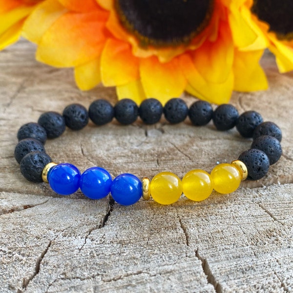 SUPPORT UKRAINE Bracelet | Yellow Blue Beaded Bracelet In Support of Ukraine | Blue Agate, Yellow Agate and Lava Stone for Strength Bracelet