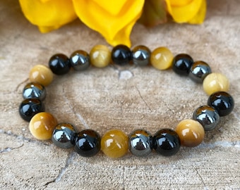 Triple Protection Gemstone Bracelet, Tigers Eye, Hematite, Obsidian