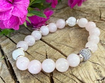 Rose Quartz Beaded Bracelet | Pink Gemstone, Crystal Accents