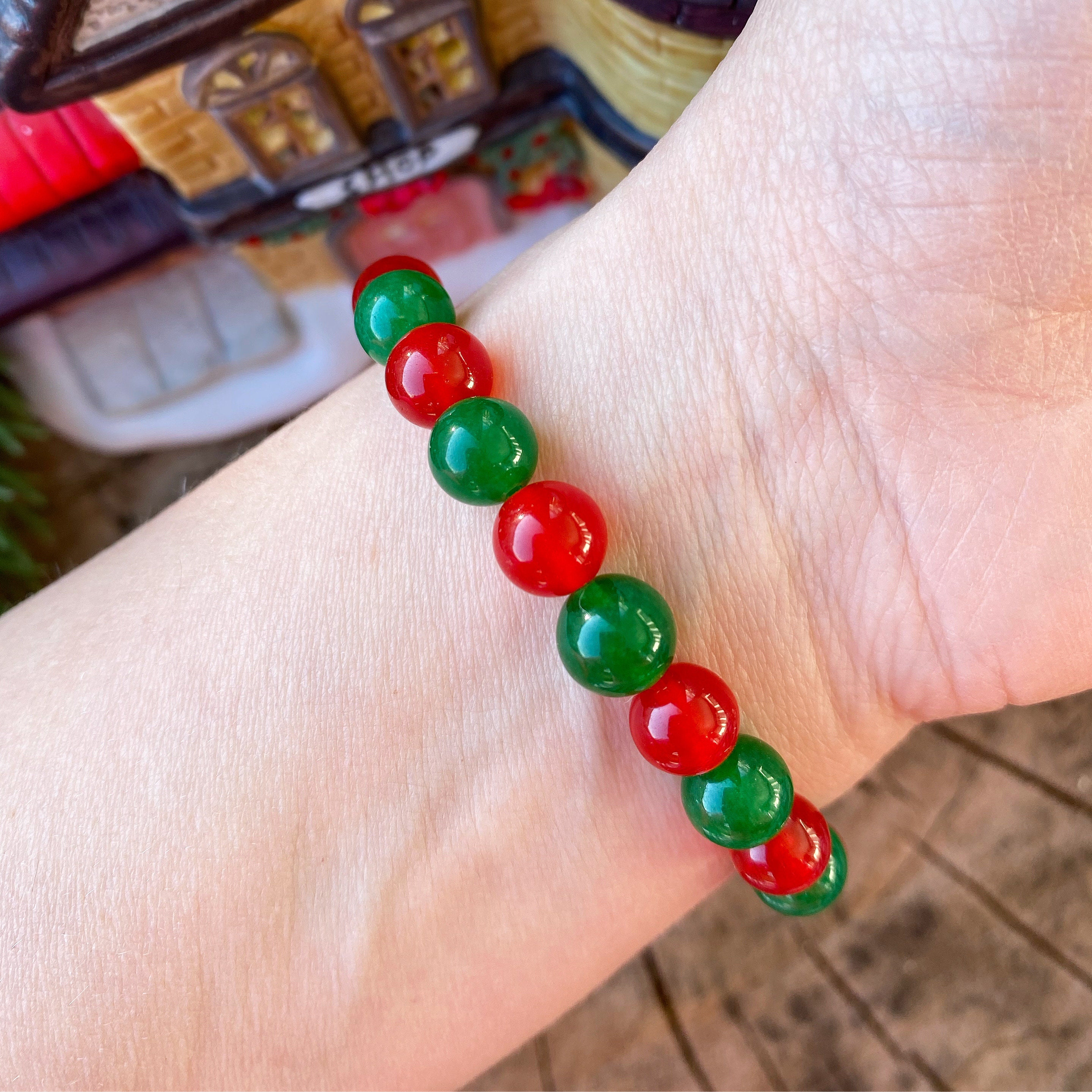 Green Red Christmas Bracelet Christmas Charm Gemstone Bracelet Red