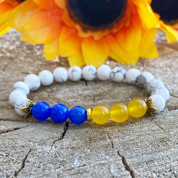SUPPORT UKRAINE Bracelet | Yellow Blue Beaded Bracelet In Support of Ukraine | Blue Agate, Yellow Agate and Howlite Stone Gemstone Bracelet