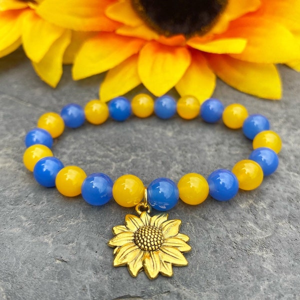 SUPPORT UKRAINE Bracelet with Sunflower | Yellow and Blue Beaded Bracelet In Support of Ukraine | Sunflower Gemstone Bracelet