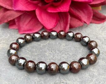 Garnet & Hematite Bracelet | January Birthstone Jewelry | Handmade Gemstone Beaded Bracelet | Gift for Him or Her
