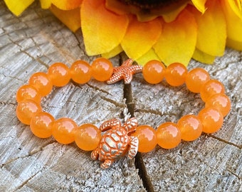 Orange Turtle Bracelet | Sea Turtle Gemstone Bracelet | Orange Gemstone Bracelet | Beaded Orange Jade Bracelet | Orange Bracelet Gift Idea