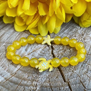 Pulsera de tortuga amarilla / pulsera de piedras preciosas de tortuga marina / pulsera de piedras preciosas amarillas / pulsera de jade amarillo con cuentas / idea de regalo de pulsera amarilla