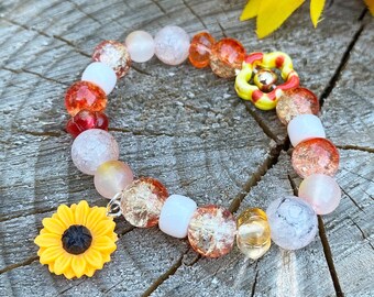 Bracelet à breloques tournesol | Bracelet en quartz craquelé fait main | Bijou en pierres précieuses d'automne | Cadeau d'automne pour elle