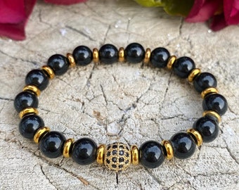 Obsidian Gemstone Bracelet | Black Stone Bracelet | Black and Gold Bracelet | Obsidian Beaded Stone Bracelet | Bracelet Gift Idea