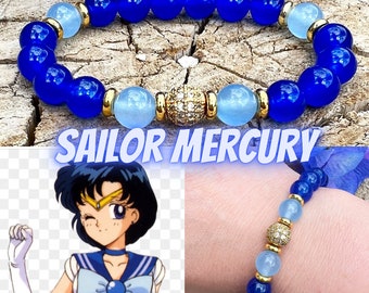 Sailor Mercury Bracelet | Blue Jade Gemstone Beaded Jewelry | Sailor Scout Fan Gift | Anime Jewelry