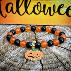 Pumpkin Bracelet | Jackolantern Bracelet | Halloween Gemstone Bracelet | Orange Halloween Beaded Bracelet | Halloween Bracelet Gift Idea
