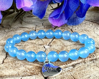 Blue Mother's Day Bracelet | Mother's Day Charm Gemstone Bracelet | Beaded Light Blue Jade Bracelet | Mother's Day Bracelet Gift Idea