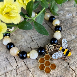 Pulsera de jade amarillo / pulsera de abeja / pulsera de obsidiana / pulsera de piedra preciosa amarilla / pulsera de piedra preciosa negra / joyería chakra