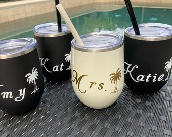Wine Tumbler Personalized | Bridesmaid Proposal | Custom Bridal Party Gift | Beach Tropical Palm Tree | Birtjday Mr Mrs Cups Bride Honeymoon