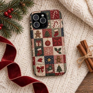 May include: A smartphone case featuring a quilted patchwork design with various Christmas-themed icons including gingerbread men, candy canes, stockings, pine trees, gift boxes, snowflakes, holly, bows, and Santa hats in red, green, and cream colors.