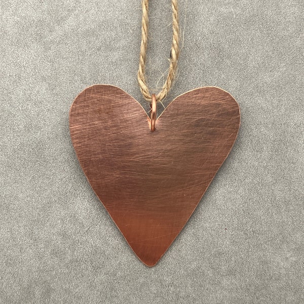 Mini Copper Heart hanger, Valentines brushed metal love token, 7th 9th traditional anniversary for her, outdoor garden decoration ornament